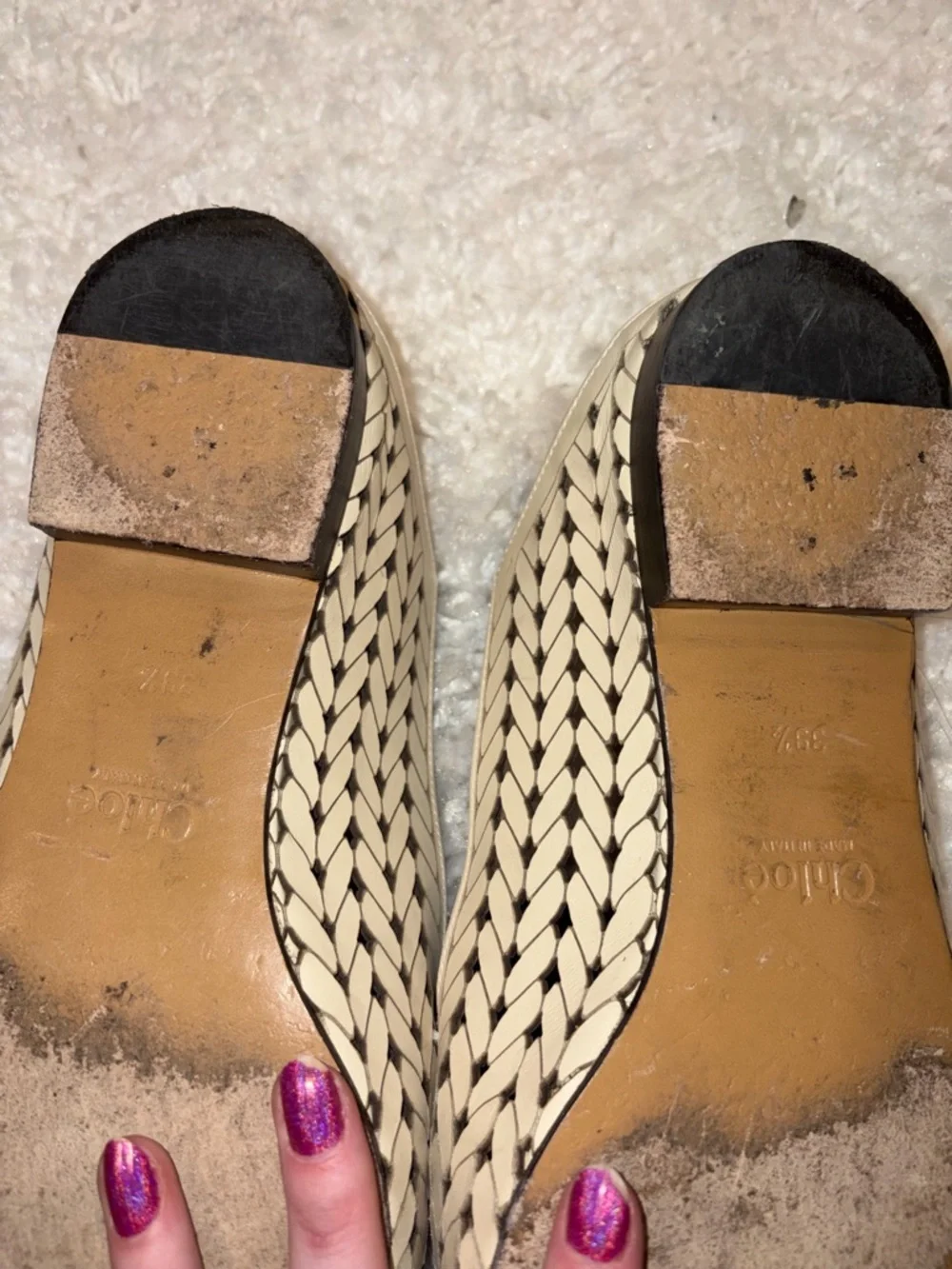 Chloe Cream and Tan Woven Leather Loafers with Gold C Accent - Picture 7 of 8